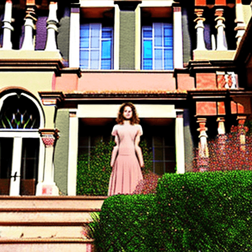 AI generated: nude, Danielle Rose Russell, castle terrace with flowering plants, attractive, flirting, (((full bod...