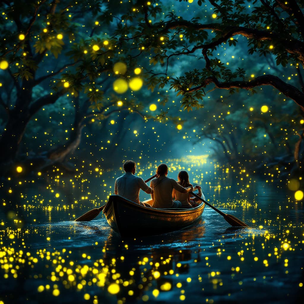 AI generated: Photo of a ultra realistic a rowing boatman with a couple of tourist, tropical river, dramatic firef...