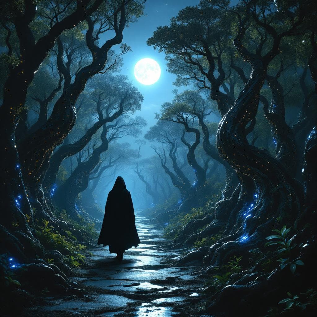 AI generated: A tranquil night under the glow of a full moon in an enigmatic forest where nature's beauty has been...