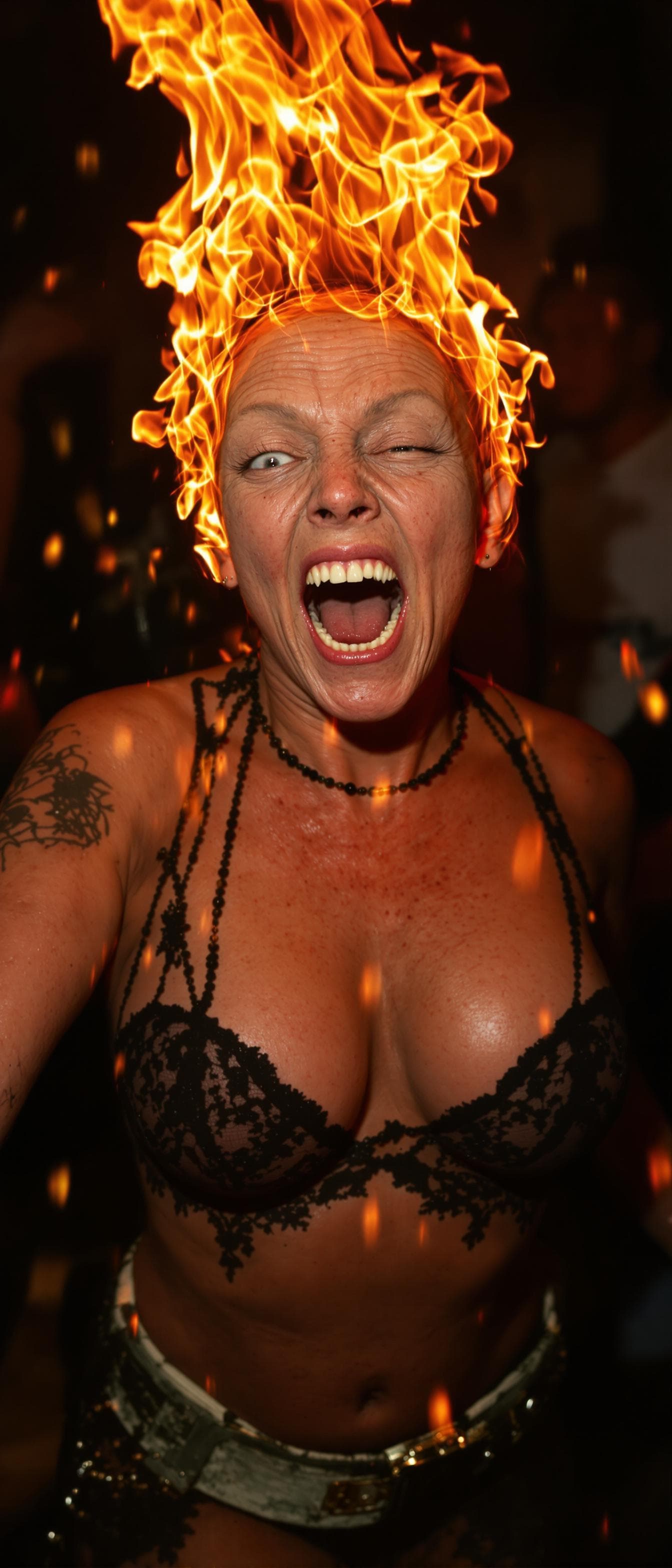 AI generated: An ugly face woman with ugly body  dancing in a party . She is burning in fire . She is bald . She h...