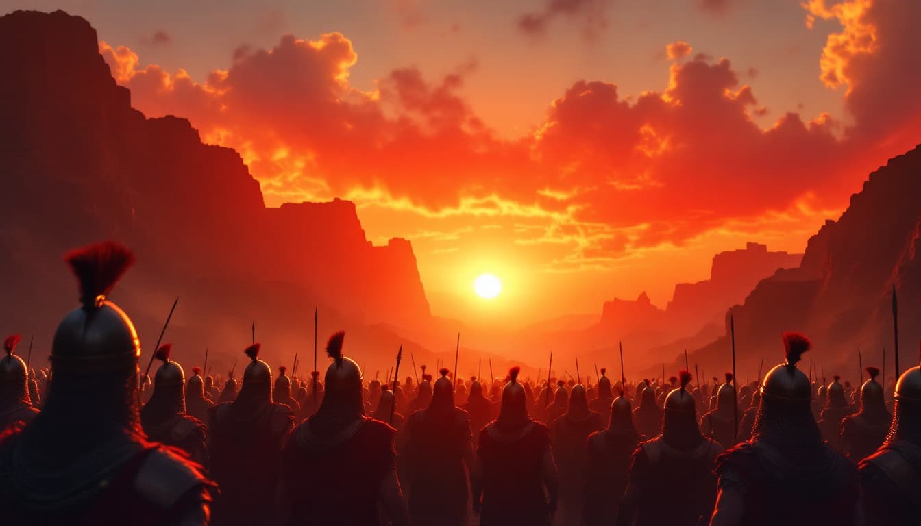 AI generated: Ultra-realistic.	Wide shot of the sunset before the battle, the red sky painting the pass. [Silhouet...