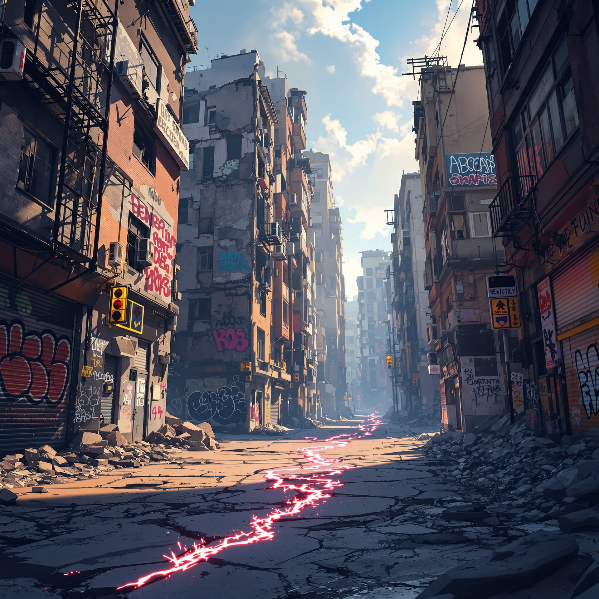 AI generated: very destroyed urban buildings with graffiti and cracks in the street and energy coming off of it, a...