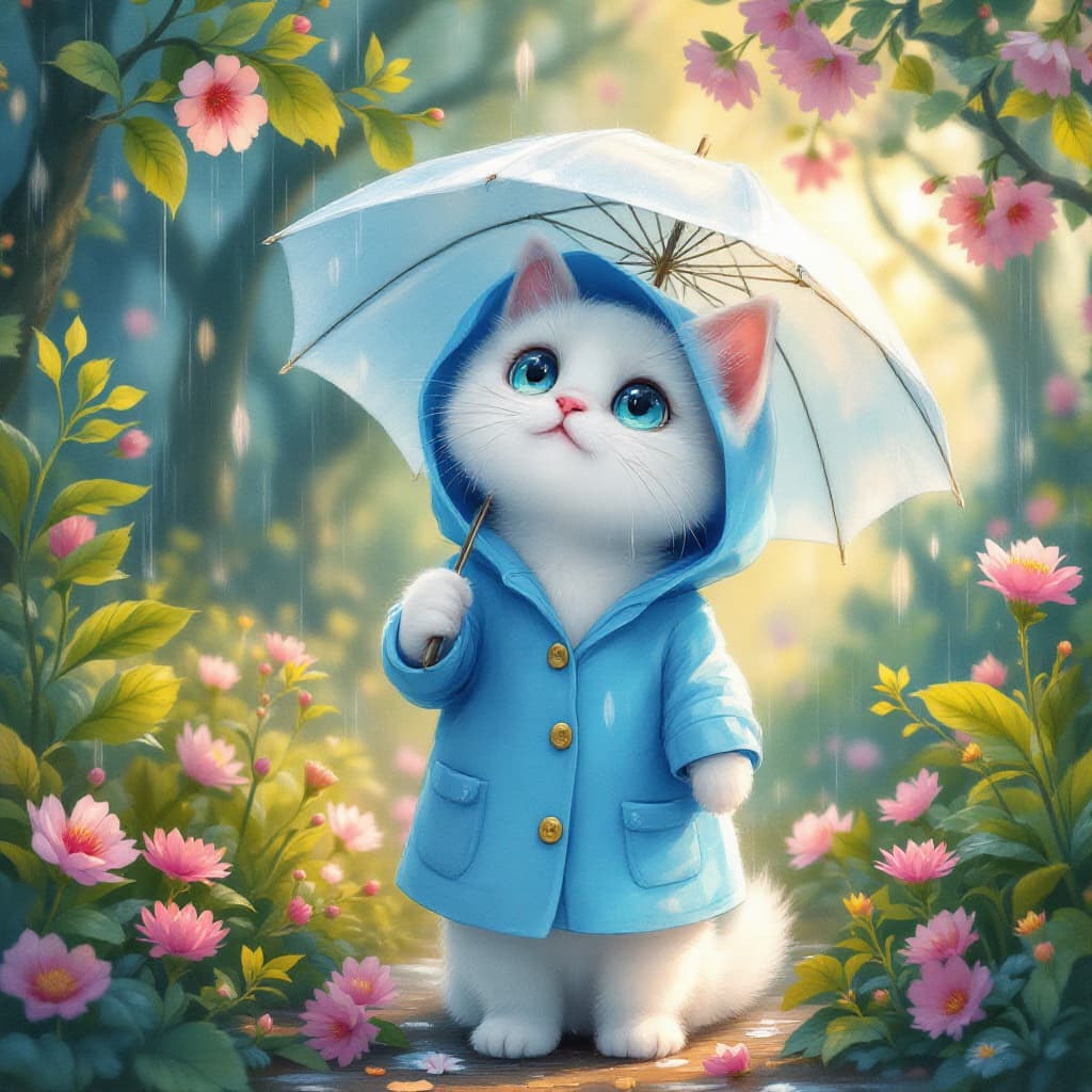 AI generated: A white cat in a bright blue raincoat with hood, standing under a blooming umbrella, amidst a lush, ...