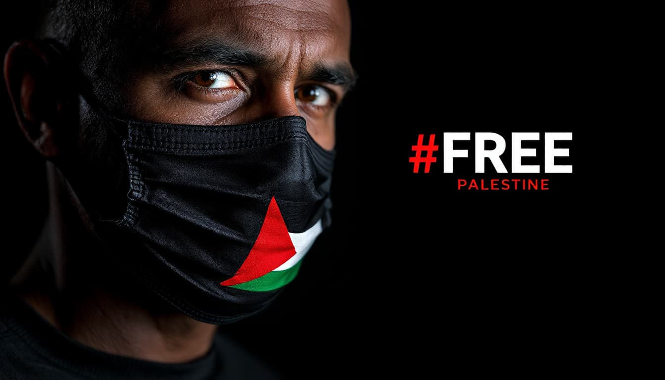 AI generated: Dark background, man wearing face mask with Palestinian flag design, serious expression, close-up po...