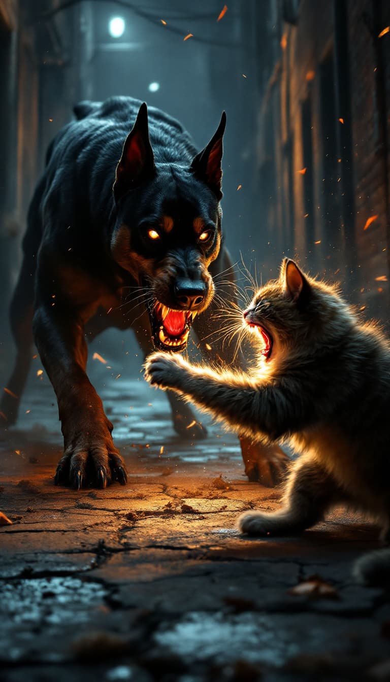 AI generated: A fierce battle between a large, aggressive dog and a wild, enraged cat. The dog, a muscular Doberma...