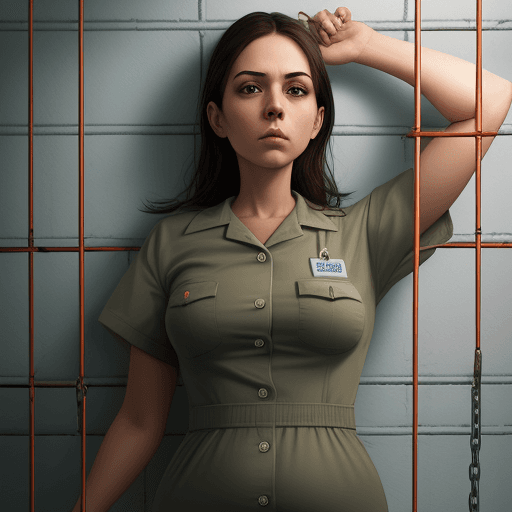 AI generated: Woman, prison cell, handcuffed, prison jumpsuit shirt, wearing diaper