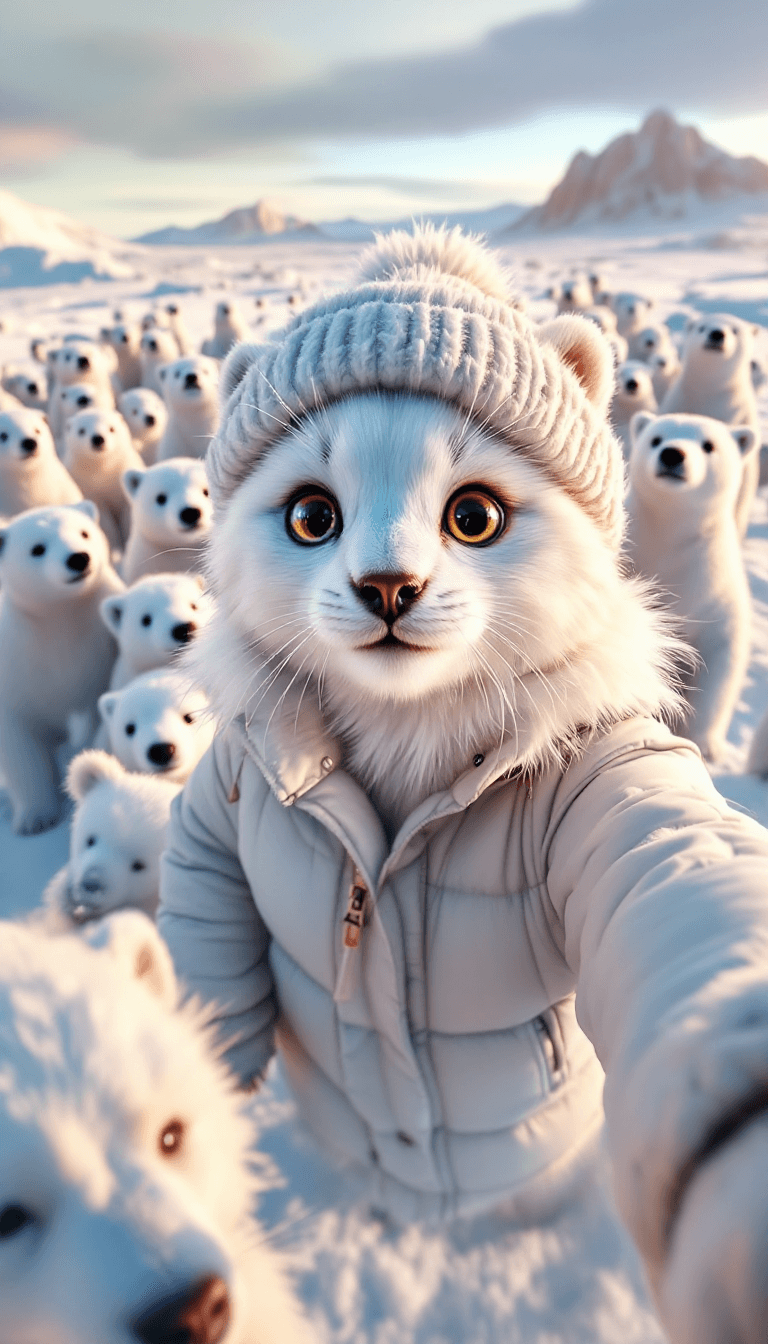 AI generated: anthropomorphic, a cat named  In the snow, there is an ice field with many polar bears standing on i...