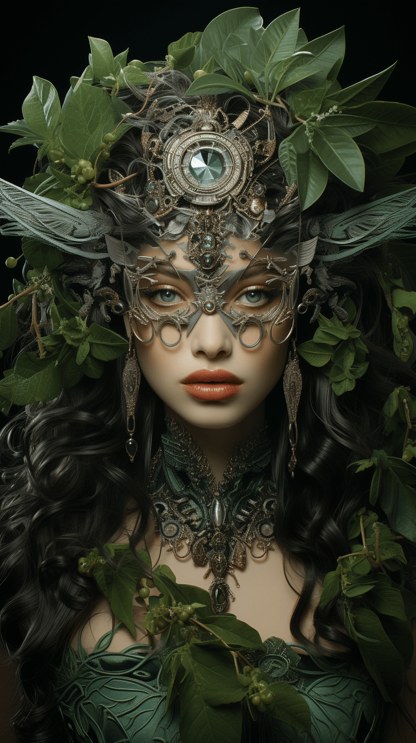 AI generated: an elegant face and green leaves on a canvas, in the style of epic fantasy scenes, daz3d, ruth sande...