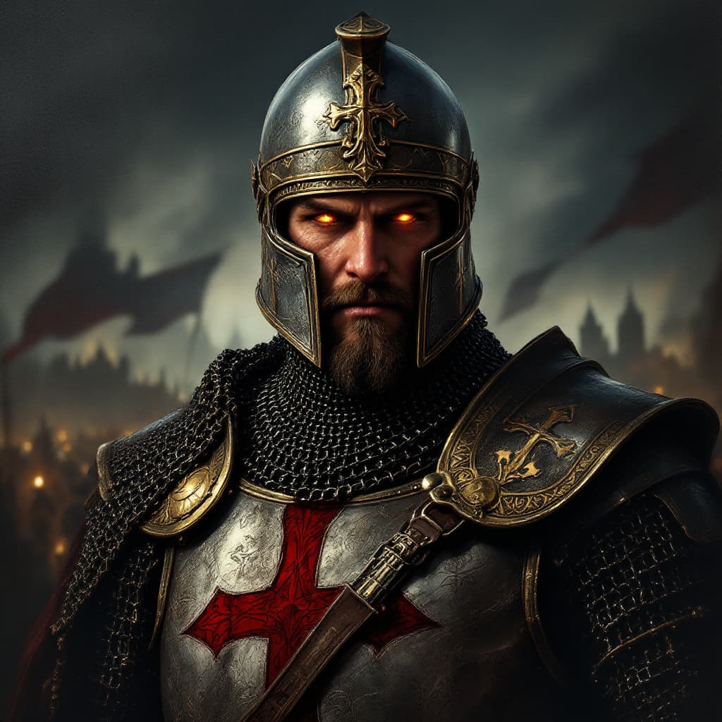 AI generated: oil on canvas, impressionist tendencies, ,A highly detailed digital illustration of a Crusader, capt...