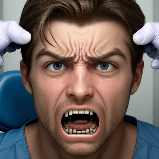 AI generated: Man with a frightened face, very scared, while the dentist pulls out his tooth. Very expressive face...