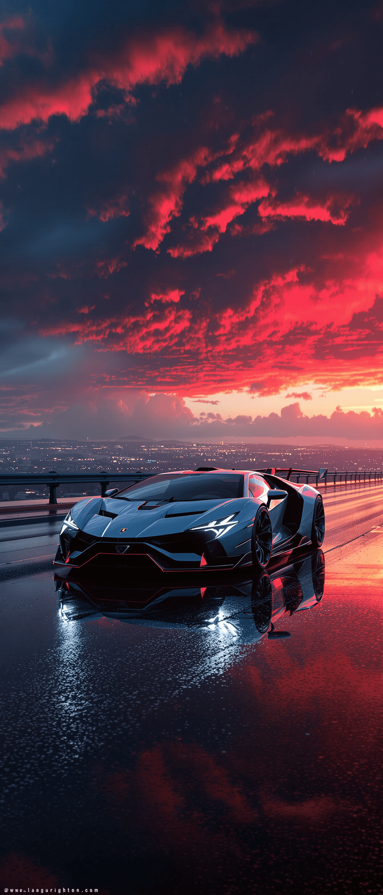 AI generated: A photorealistic, epic cinematic shot of a futuristic grey Lamborghini supercar 
on a wet road with ...