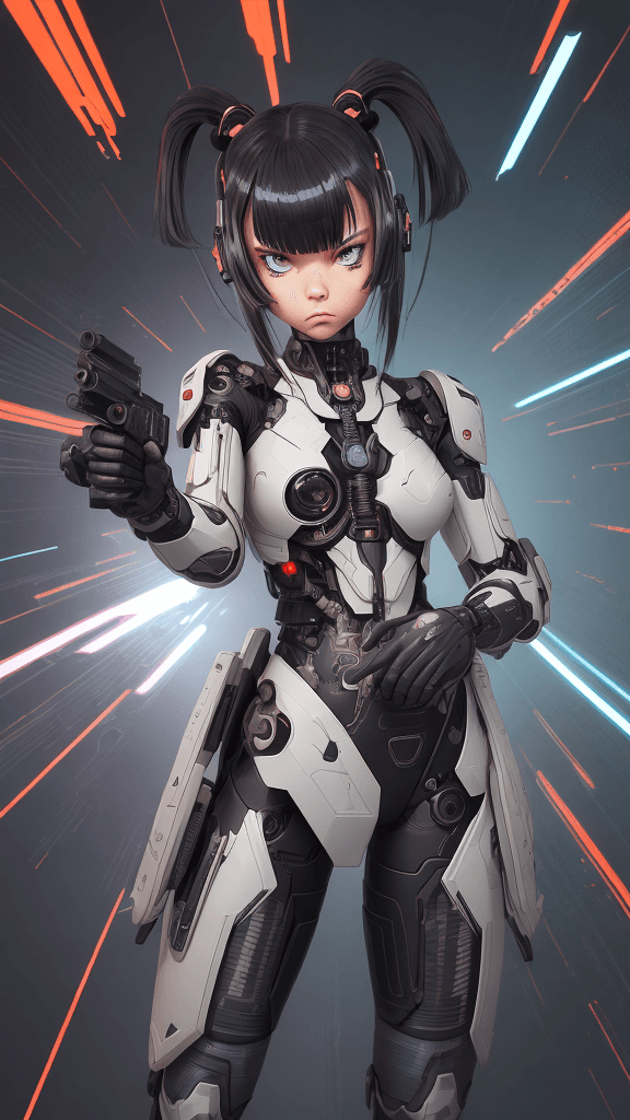 AI generated: in a neutral background portrait of little ((((Cyborg/army/female)))):4.4, shooting a ((((weapon))):...