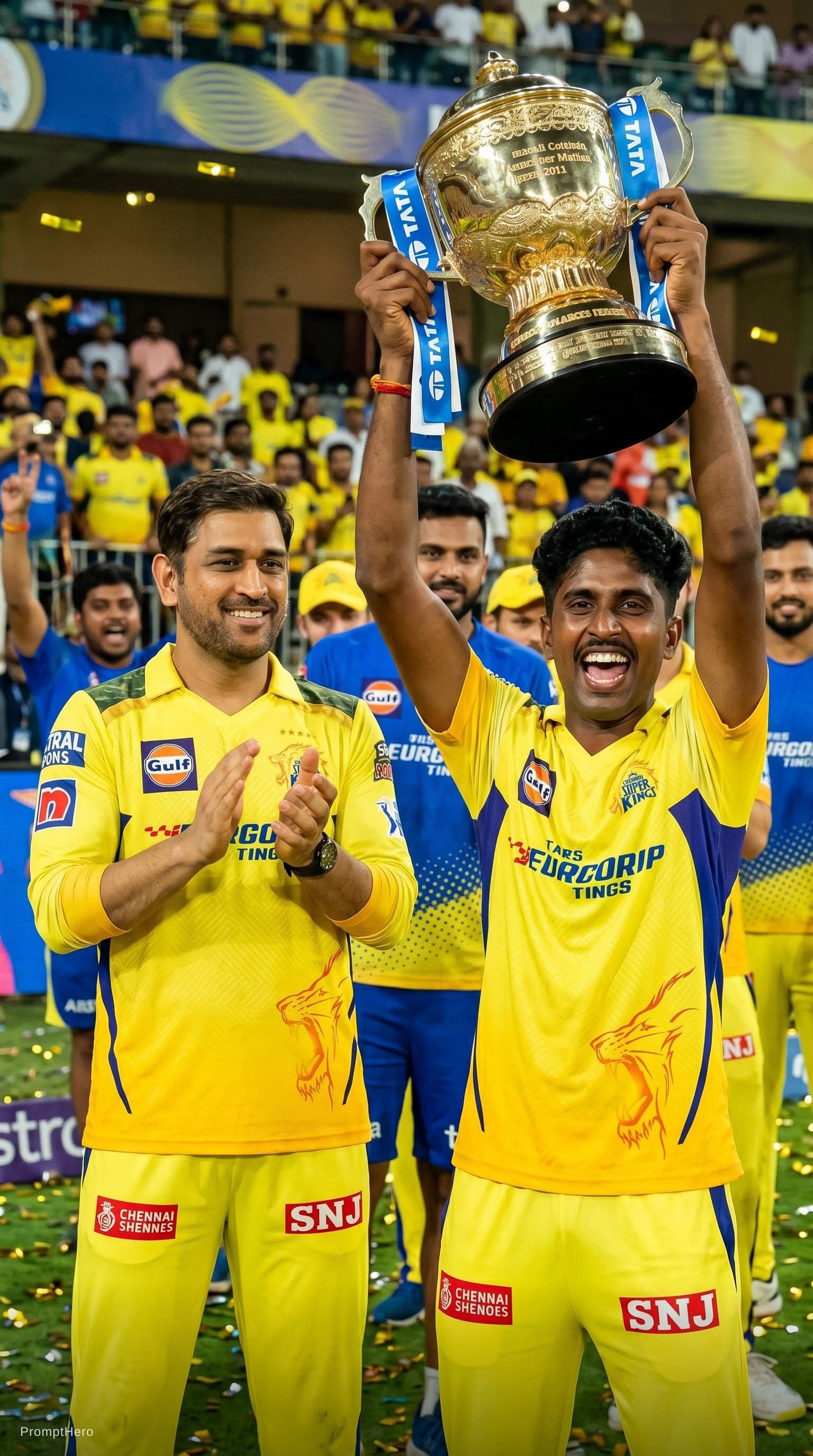 AI generated: Lifting trophy with msd csk seme outfit 