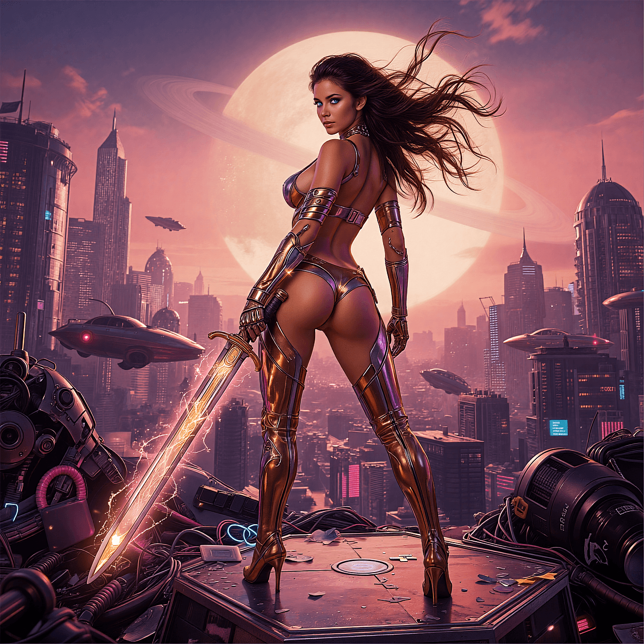 AI generated: A powerful and sensual female warrior (1.8) stands tall on a chrome-plated platform overlooking a sp...