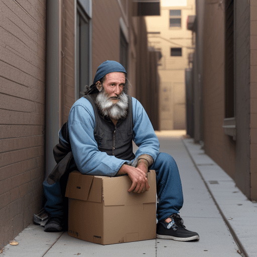 AI generated: A homeless man without a beard sits on a box in an alley near a dog