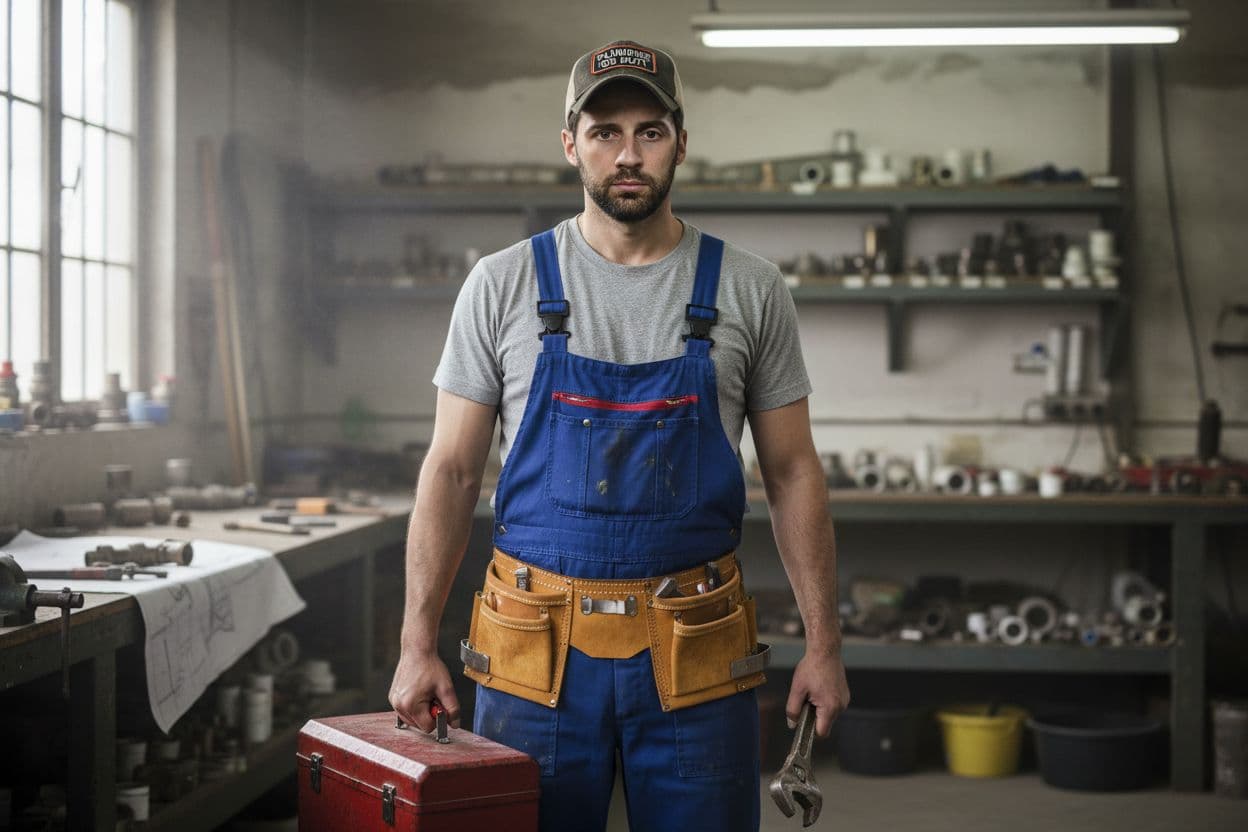 AI generated: I want the face of the man in the attached picture; he's a plumber holding a toolbox in one hand and...