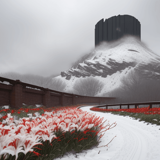 AI generated: Snow road, blooming red lilies, two crumbled black towers in the distance, cloudy