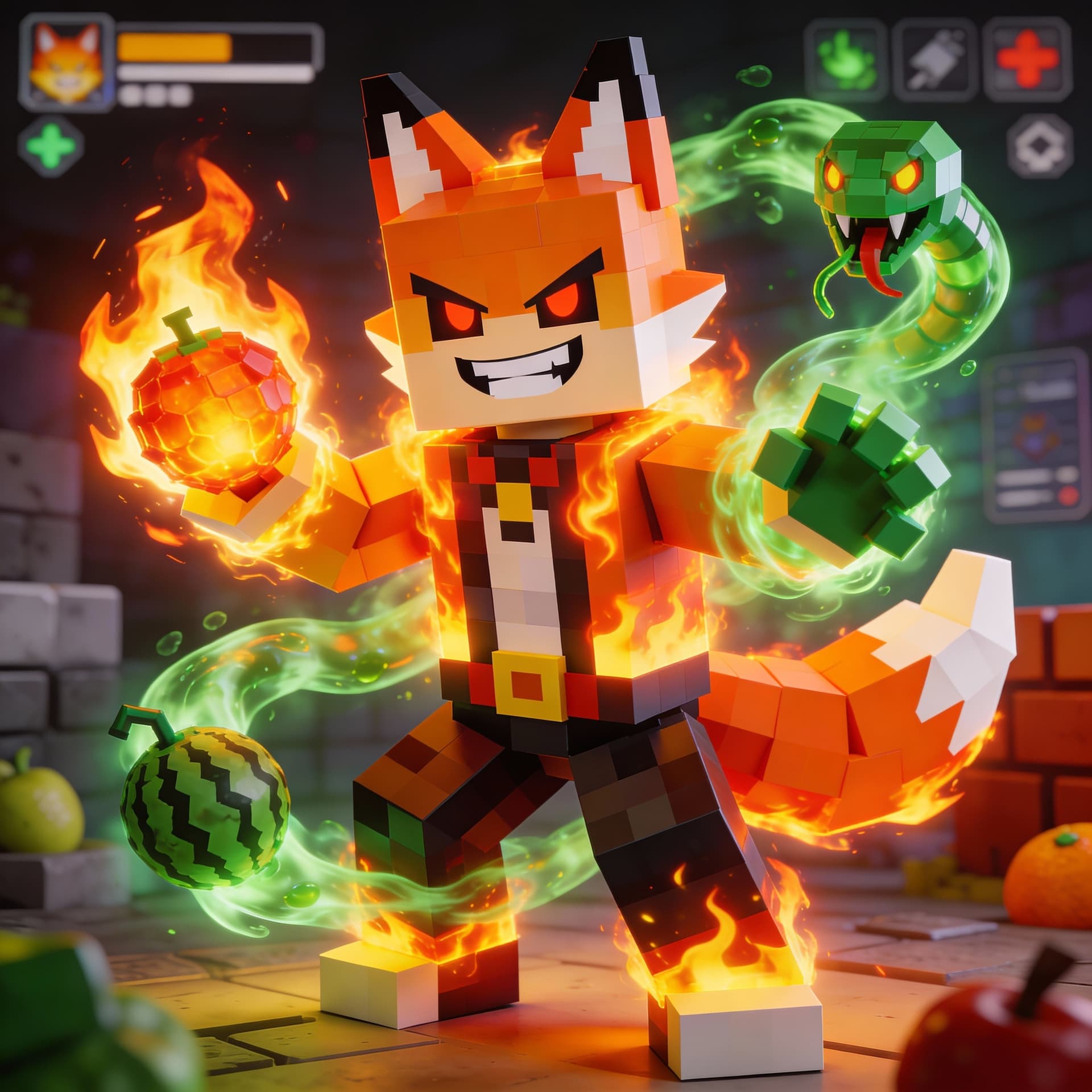 AI generated: ROBLOX BLOX FRUITS WITH FLAME FRUIT KITSUNE VENOM WITH TO PEOPLE FRIGHTS WHILE SIMLING