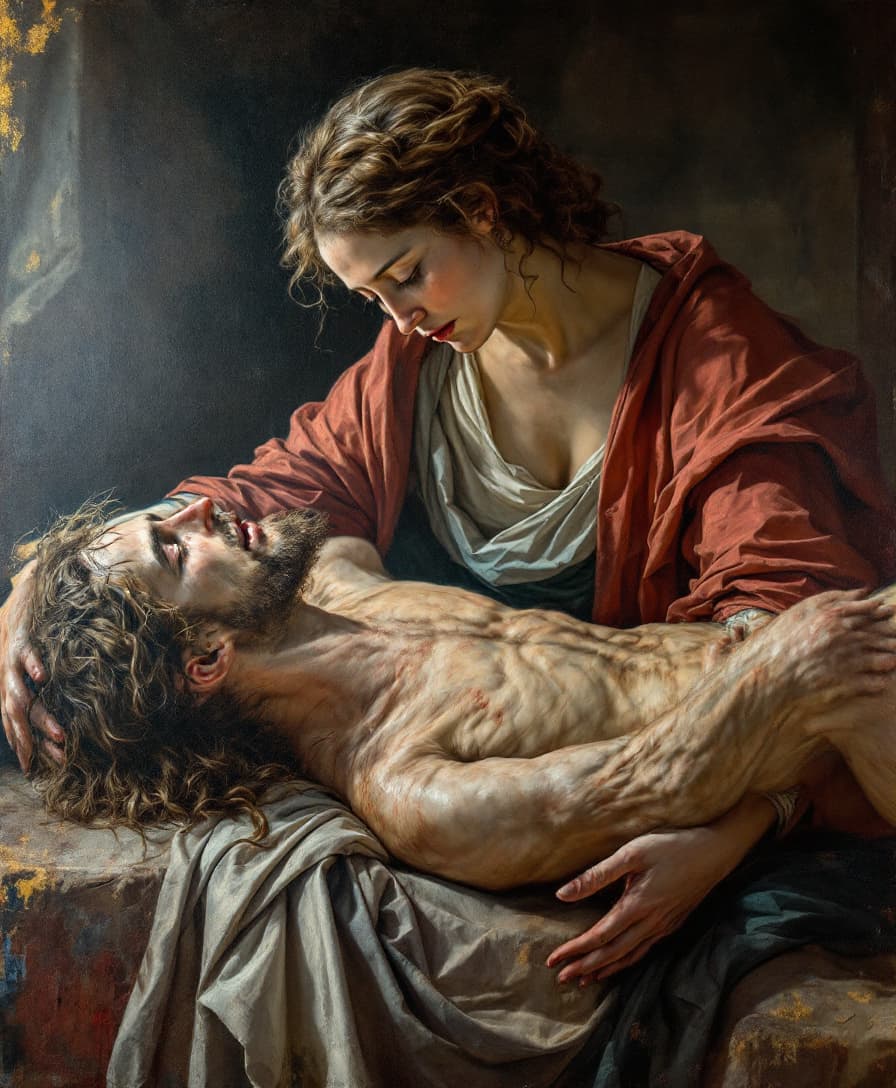 AI generated: "Uma reinterpretação da Pietà de Michelangelo, com a Virgem Maria segurando o corpo de Jesus em luto...