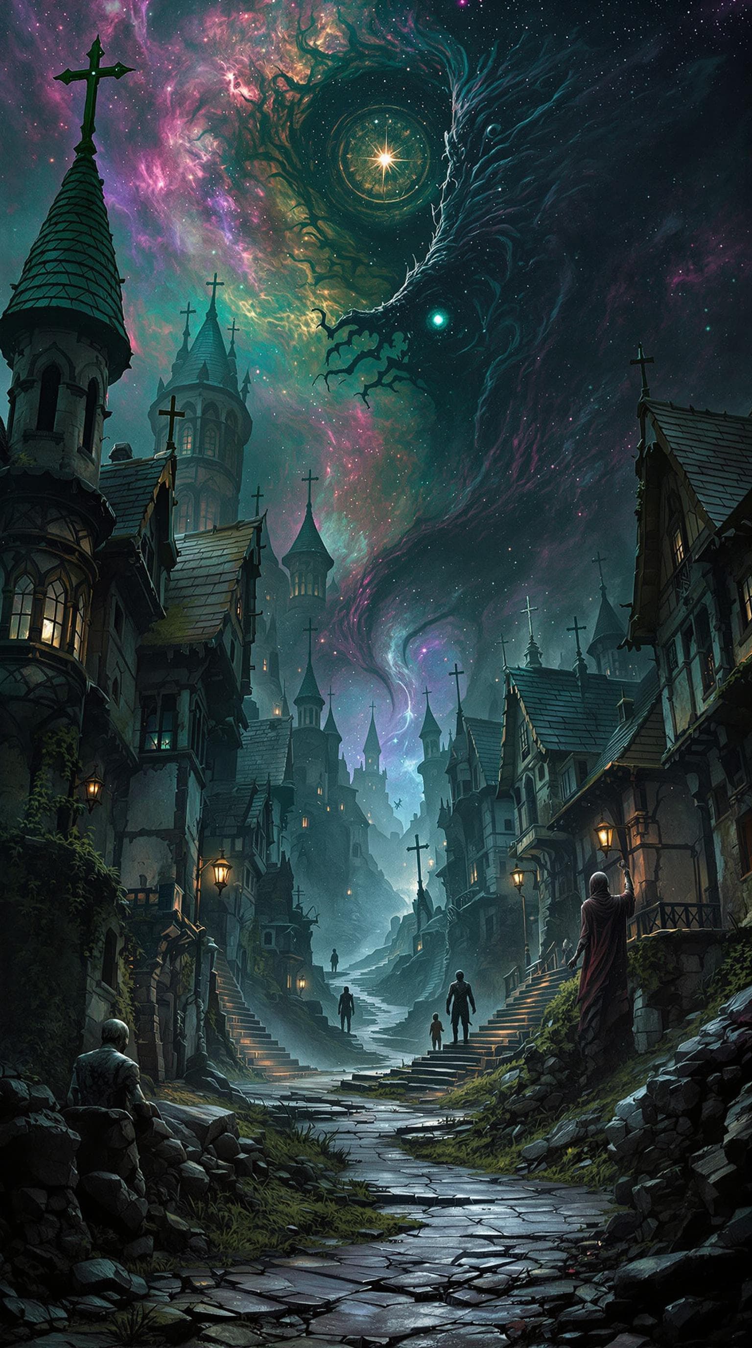 AI generated: Necromancy,Medieval Town,Decaying Architecture,Eldritch Horror,Zombie-like Inhabitants,Cosmic Terror...