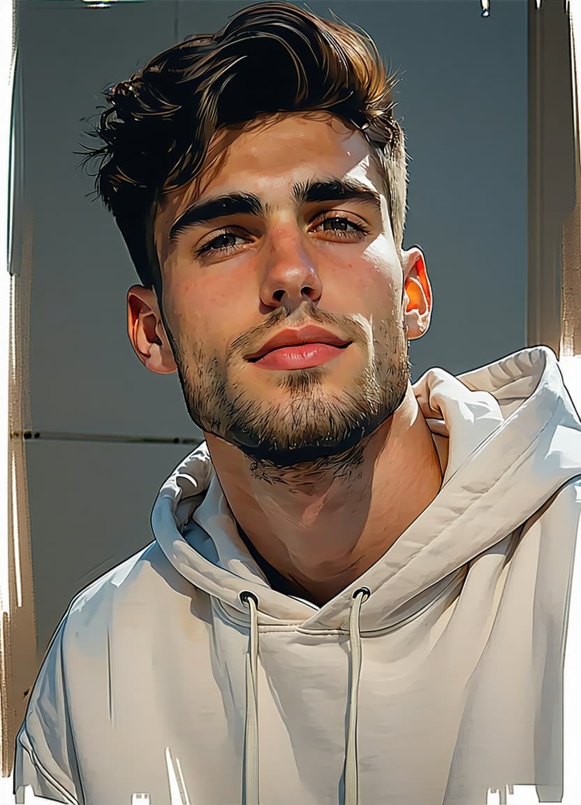 AI generated: young man with long face, with clean shaven short beard, with dark hair, without hat, without glasse...