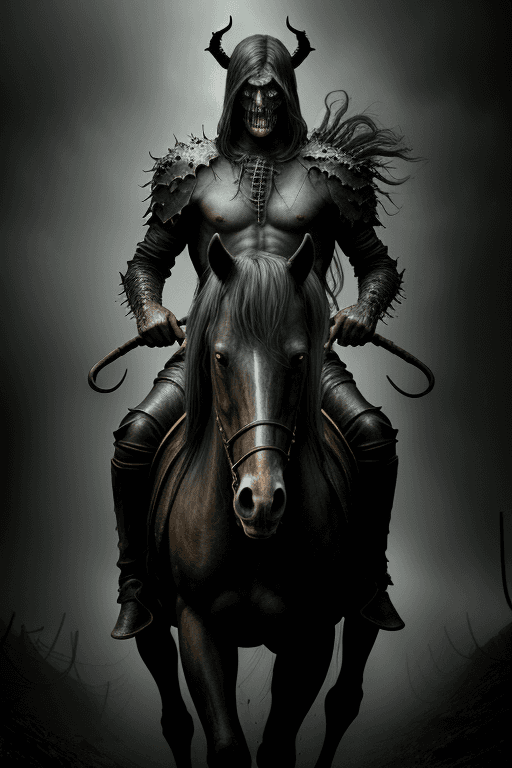 AI generated: horseman of the apocalypse - Hunger, in style of fog and metal, detailed face, lush environment, cin...