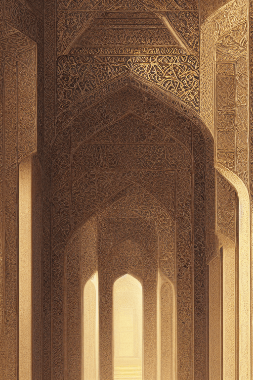AI generated: Persian architecture, Temple volume atrium light, architecture in Isfahan, soft colors, slight mist,...