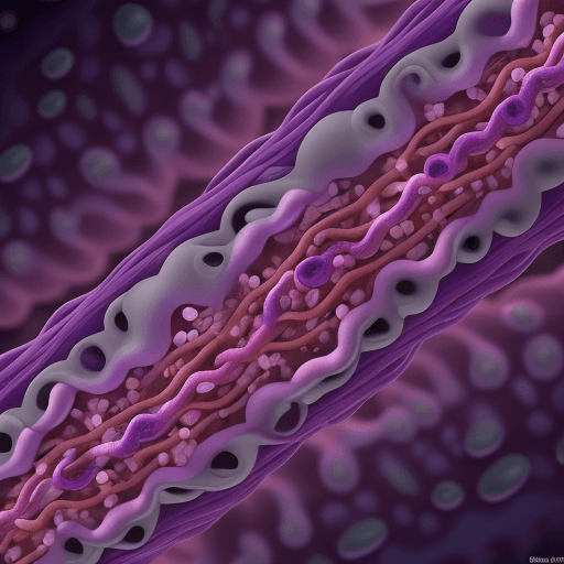 AI generated: Animation style microscope view of Bacillus subtilis bacteria. The cells are small, purple-red, rod-...