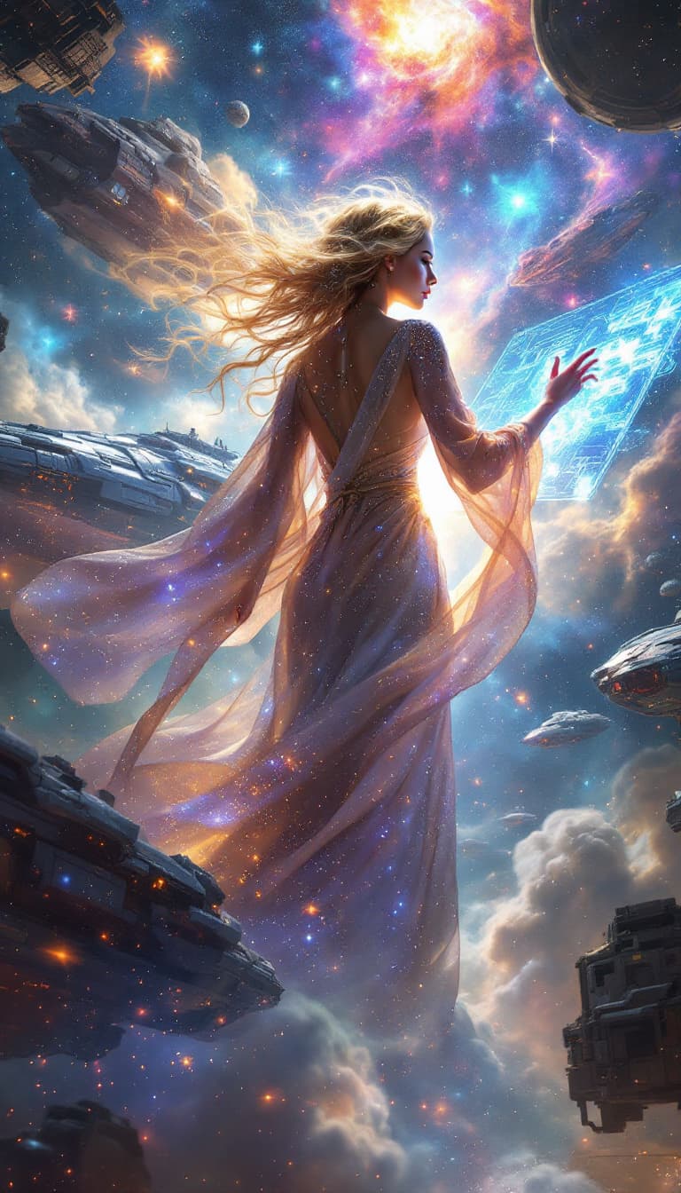 AI generated: Celestial Shipwright, a breathtaking digital painting showcasing a female figure, the Celestial Ship...