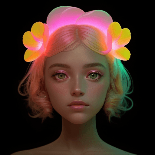 AI generated:  Fluorescent flowers and a golden pink  iridescent glow on the face on black background
