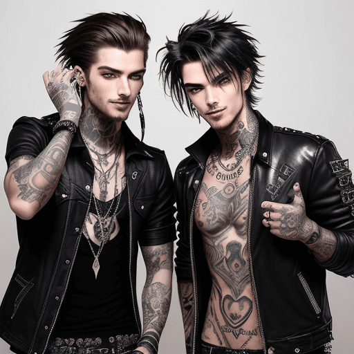 AI generated: two man,charismatic-musician
,mysterious-eyes
,handsome-rockstar
,soulful-voice ,cool-style ,enigmat...