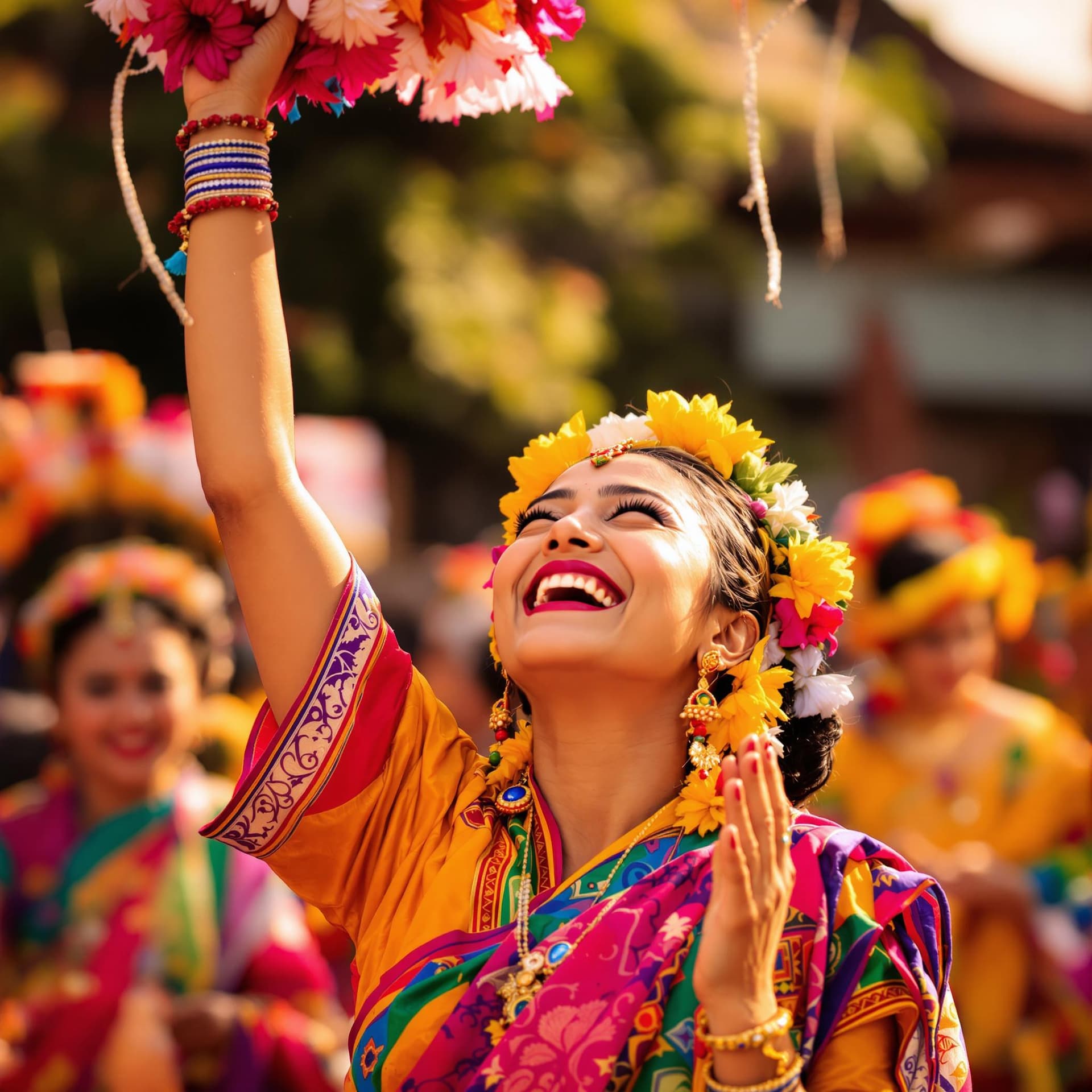 AI generated: The image captures a joyous moment, centered on a smiling woman dressed vibrantly in traditional clo...