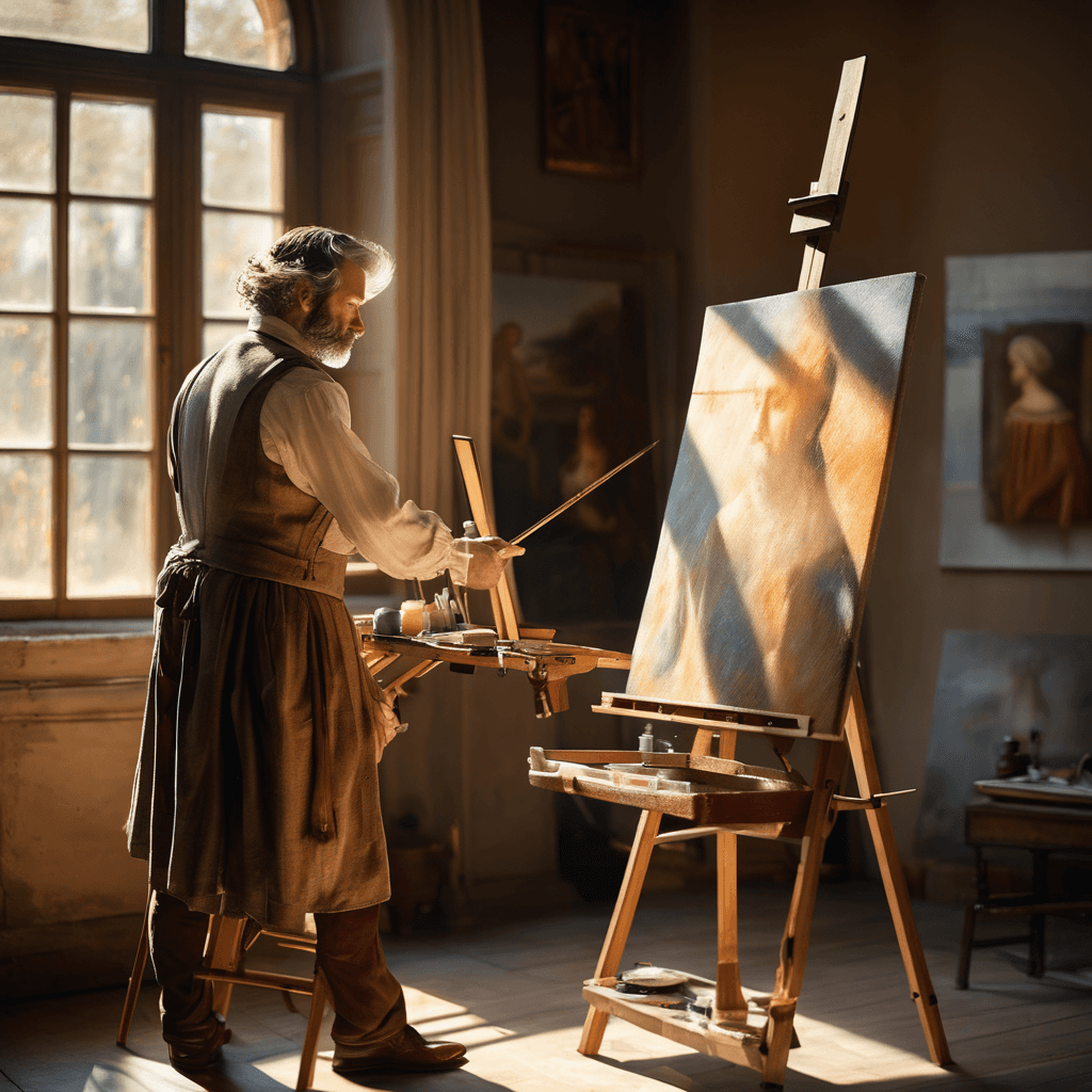 AI generated: A masterful 45-year-old Renaissance-inspired painter, dressed in period attire, stands before an eas...