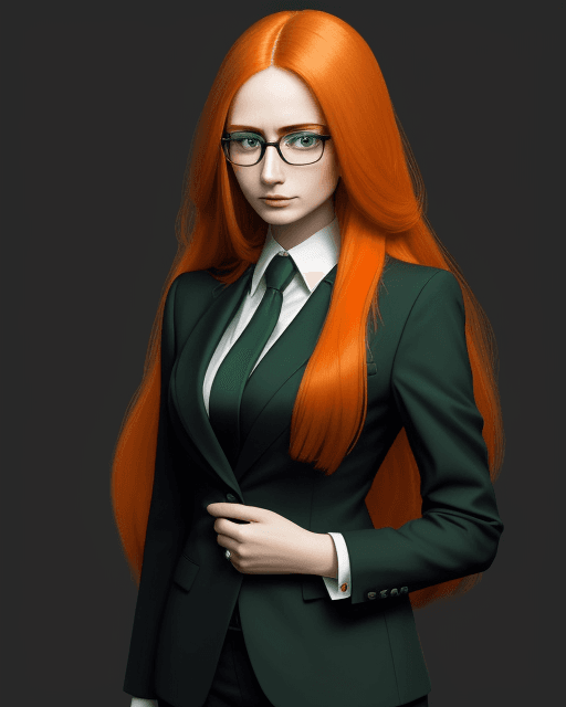 AI generated: Orange long hair, black and green suit, woman, high tech, glasses
