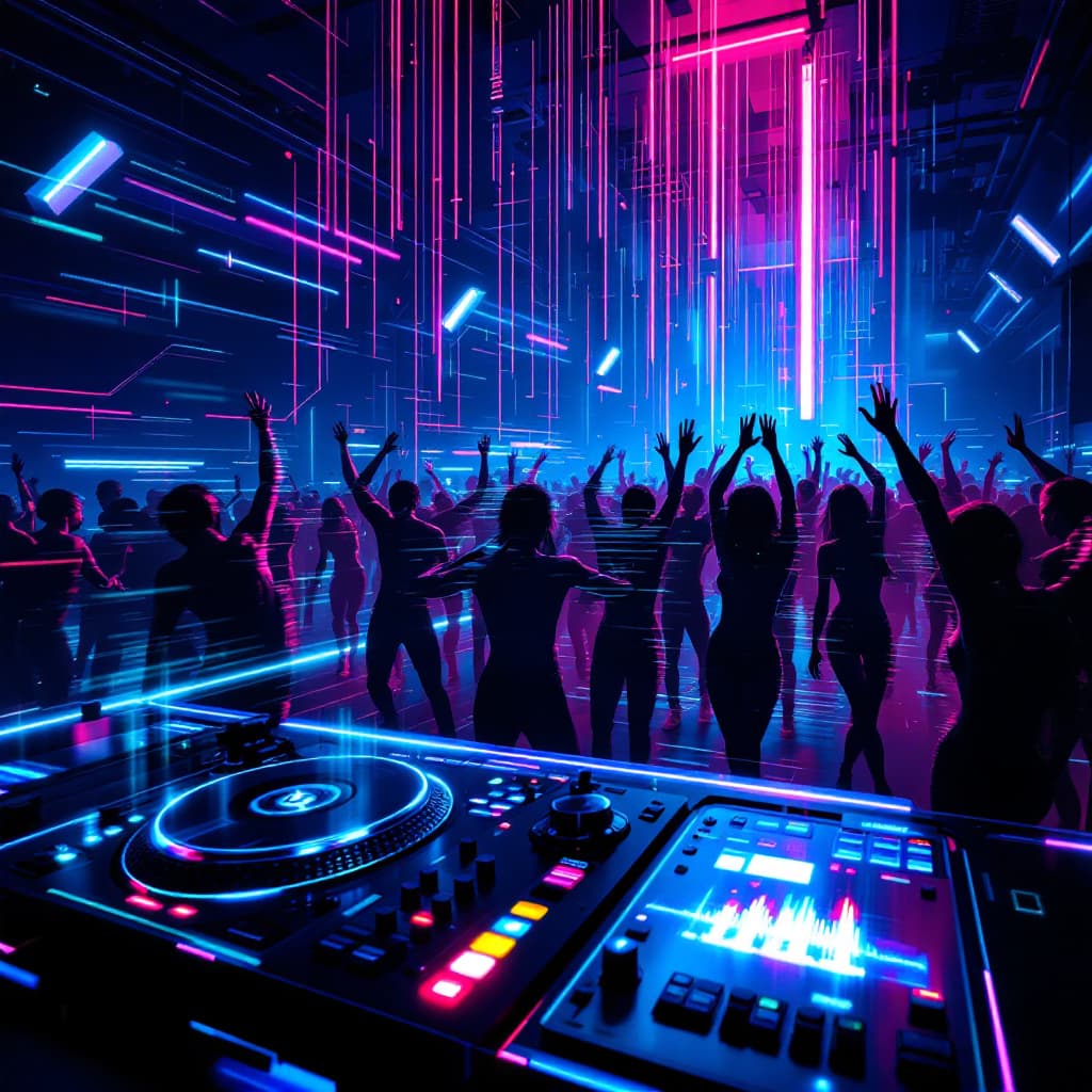 AI generated: A dark, futuristic underground club, filled with pulsating neon lights and glitching electronic visu...