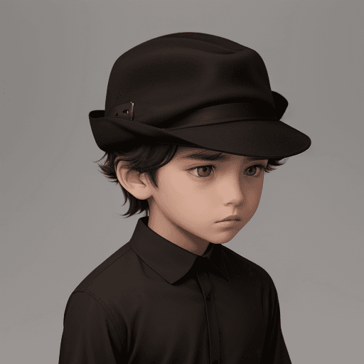 AI generated: a boy has brown shirt black hat and black shius
