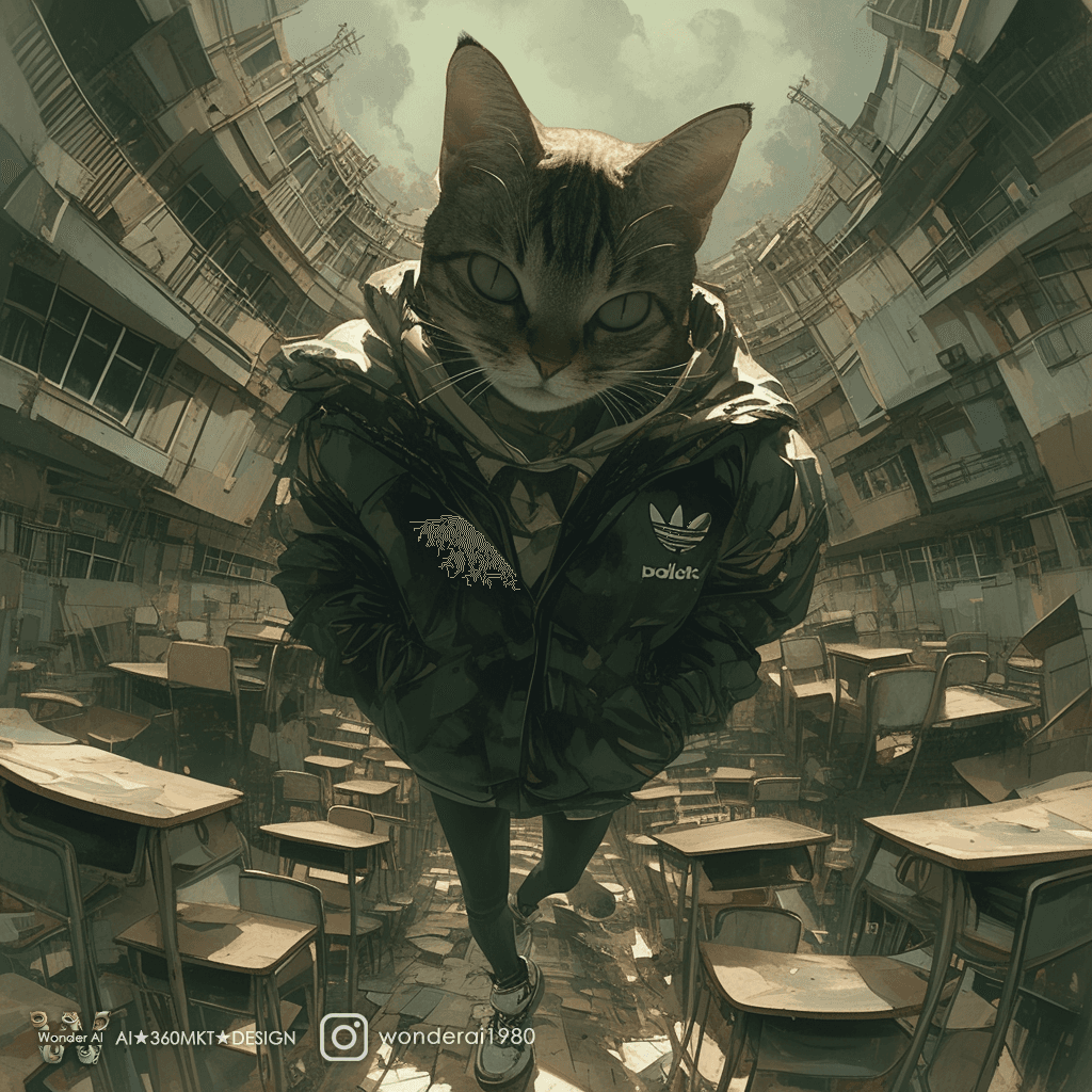 AI generated: Supper realism, Anthropomorphic cute Cybernetic cat wearing Adidas jacket and sneakers, crow around,...