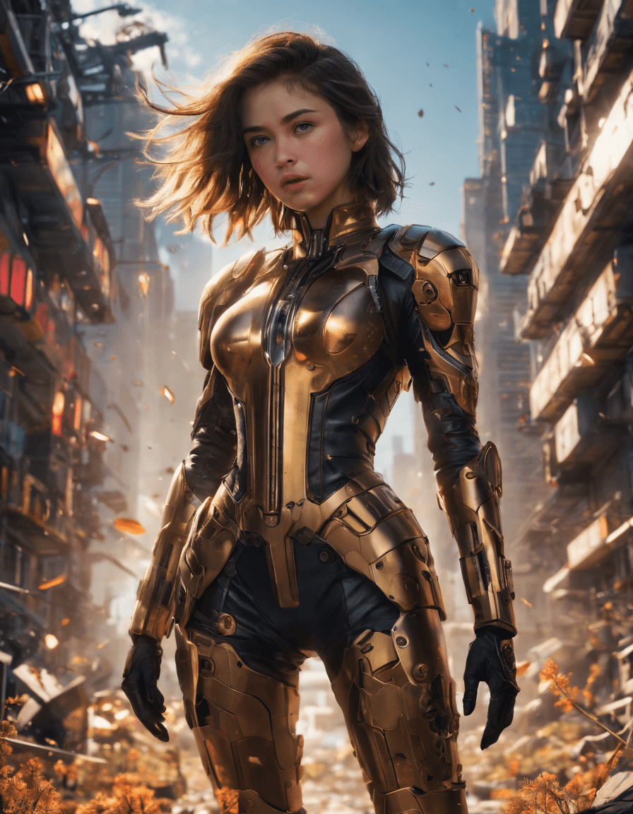 AI generated: Young girl in cyberpunk golden armor, Soviet poster style, with a gun and roses against a mech backd...