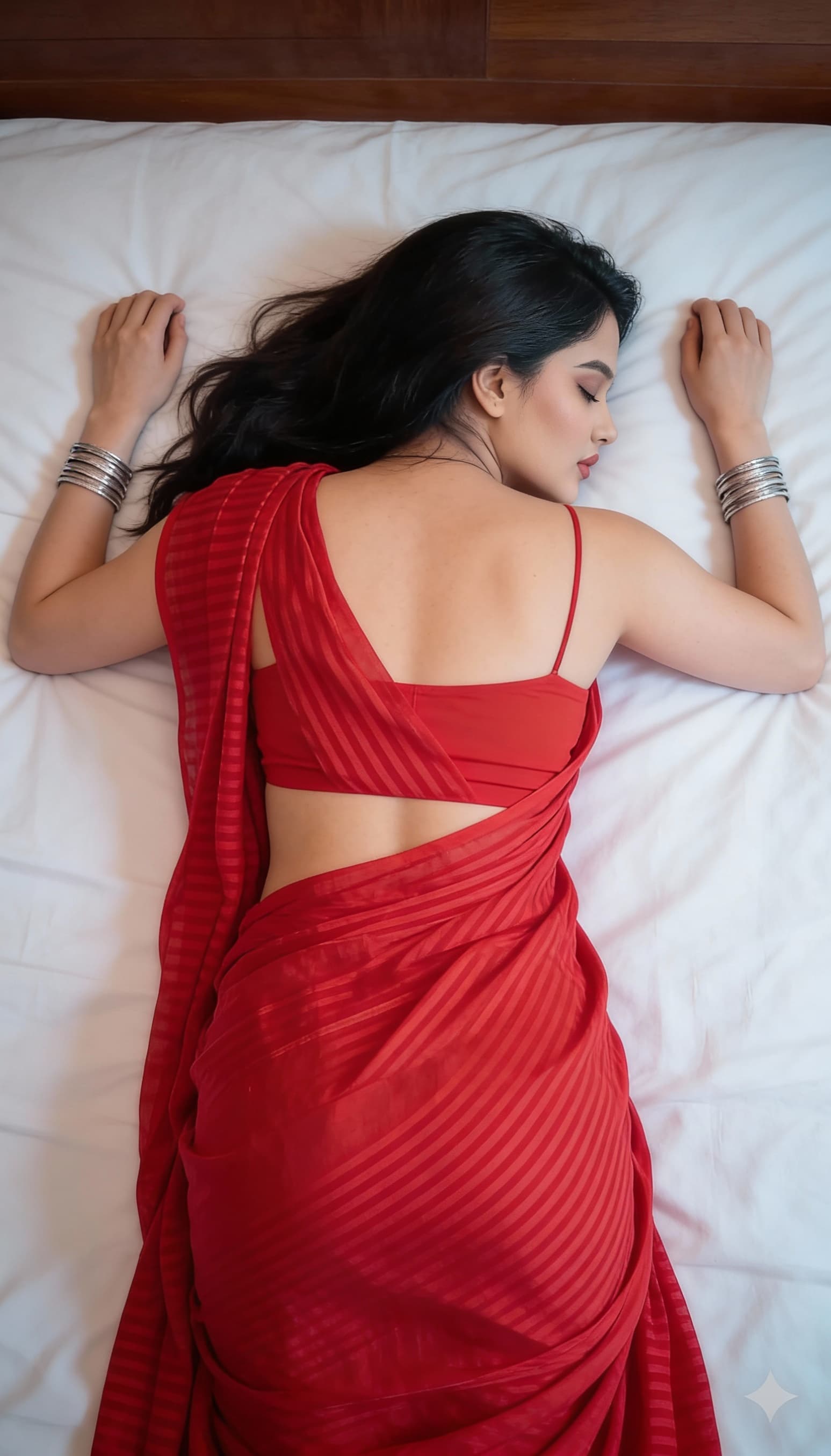 AI generated: This girl is sleeping lying face down on bed in red saree 