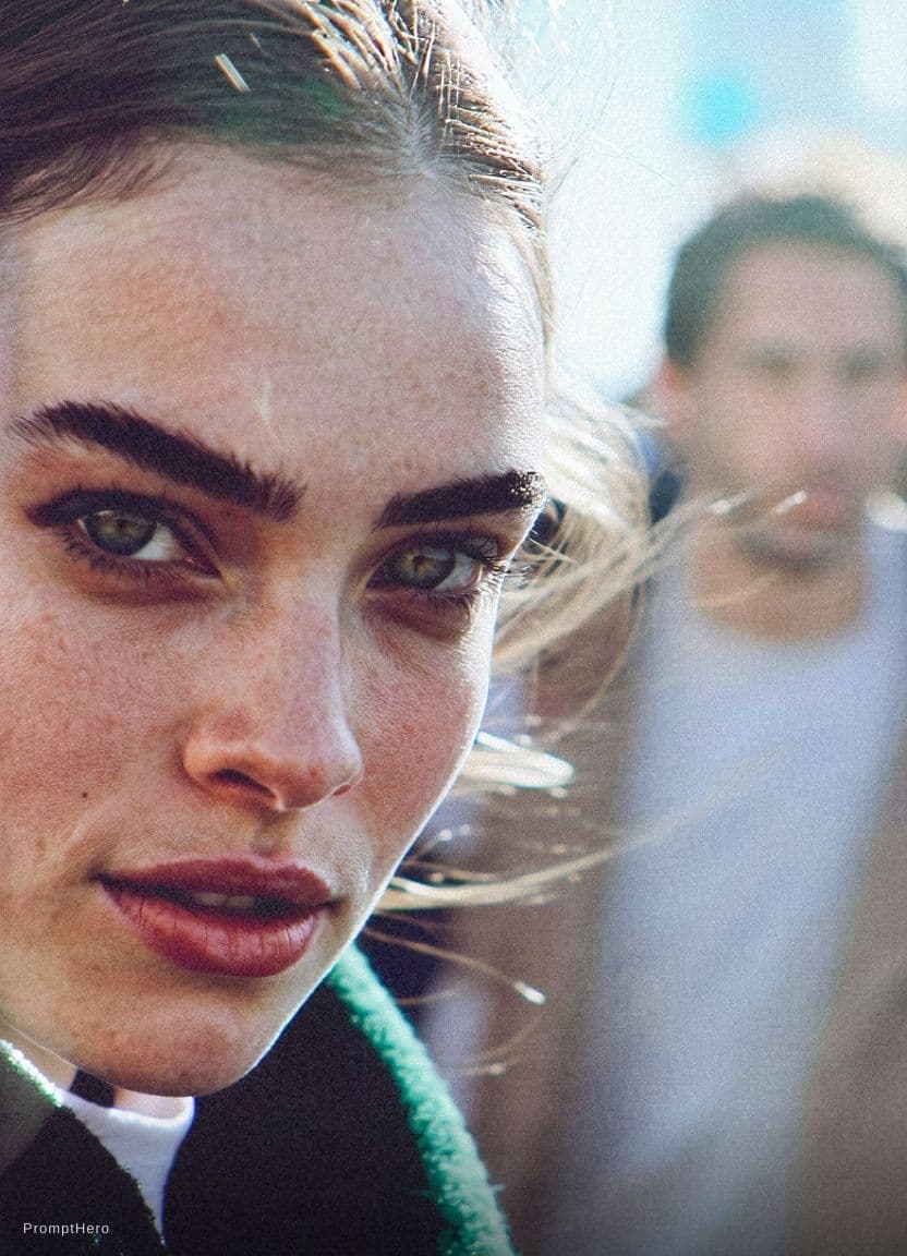 AI generated: Paparazzi-style extreme close-up photo of a woman with striking facial features, caught off-guard wh...