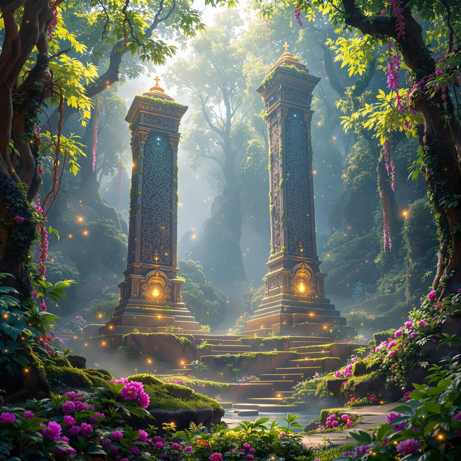 AI generated: A vibrant, cinematic scene in a dense, enchanted forest where ancient, mystical monuments and statue...