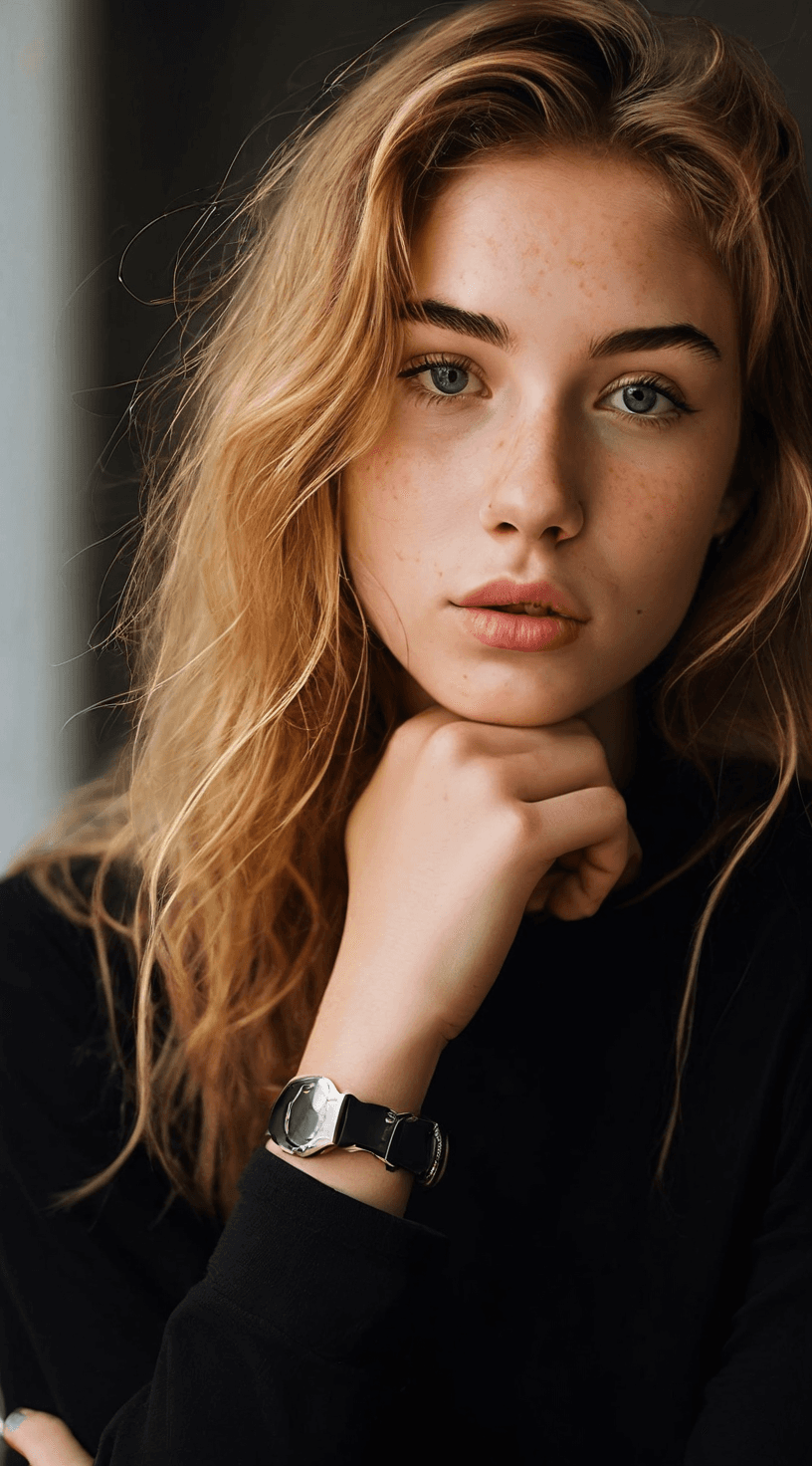 AI generated: An image of a thoughtful young woman with honey-blonde hair and light freckles. She has hazel eyes, ...