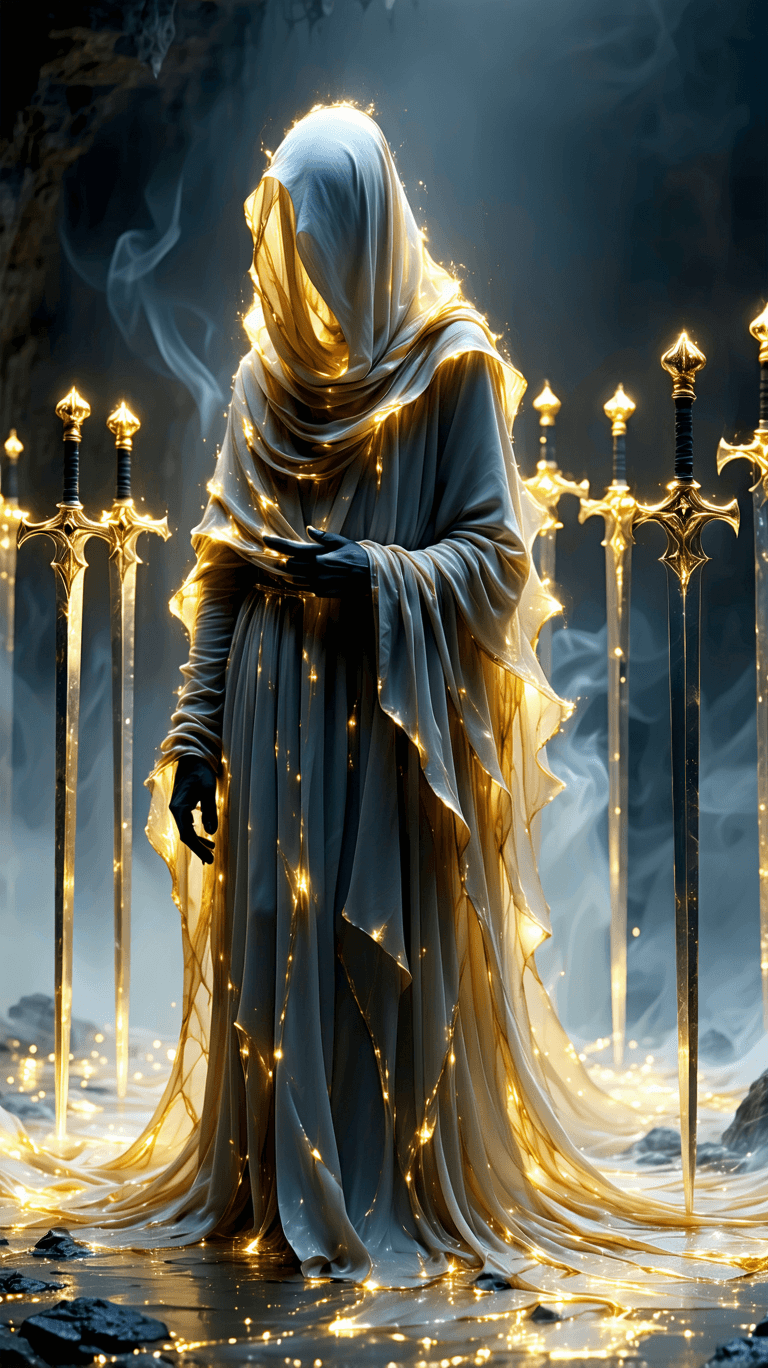 AI generated: 8. Eight of Swords – The Mind’s Illusions

A ghostly figure wrapped in golden fluid ribbons stands f...