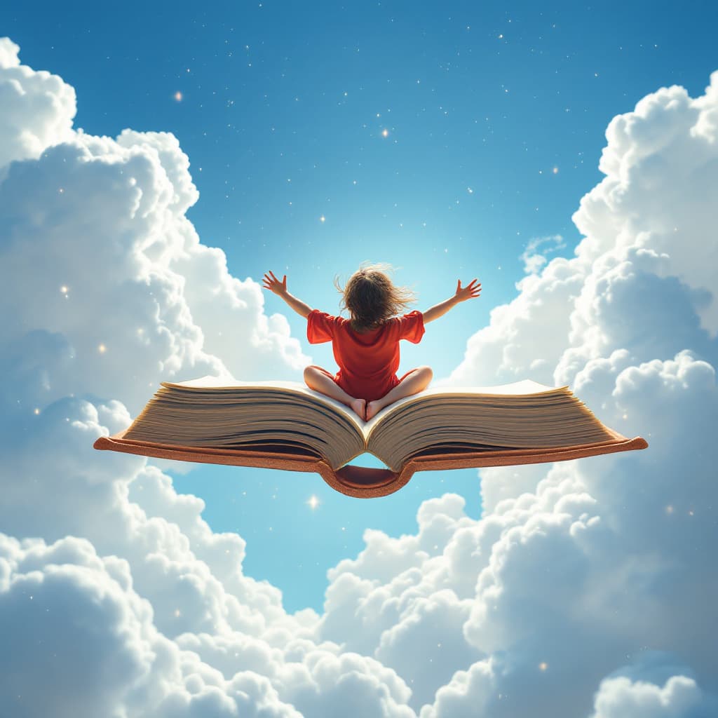 AI generated: "A child sitting comfortably cross-legged on a large open flying book like a magic carpet, arms wide...