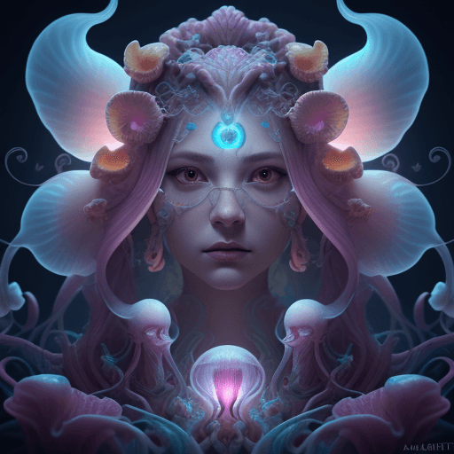 AI generated: Goddess close-up portrait ribcagel. jellyfish phoenix head, nautilus, orchid, skull, betta fish, bio...