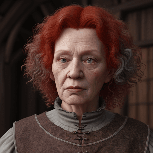 AI generated: old ginger witch, ugly face, very curly red and grey hair, medieval clothes, ultrarealistic, 8k