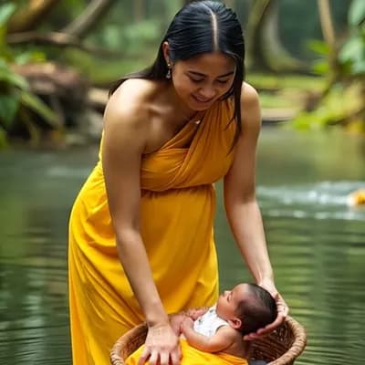 AI generated video: Mother puts born baby in basket and let it flow while crying 