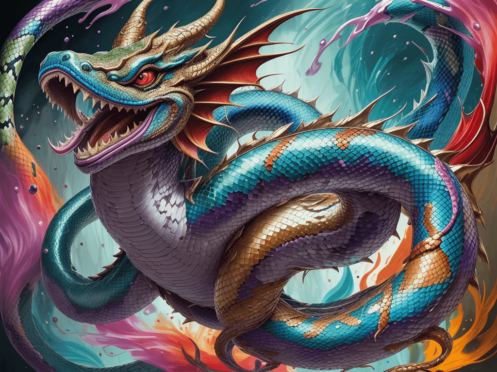 AI generated: showcase the magnificence of Orochi, colorful masterpiece, 1girl, extremely detailed snake with drag...