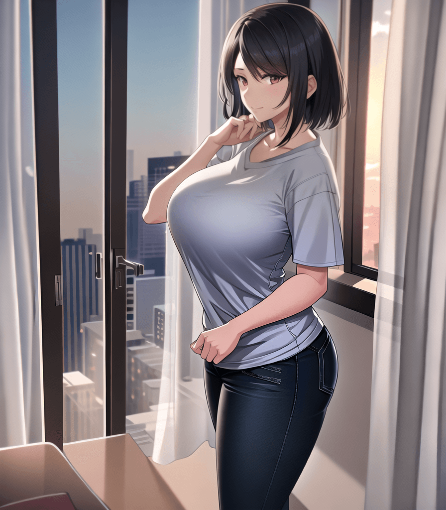 AI generated: perfect anime illustration, 1girl, short straight hair, (huge breasts:1.1), sunset, apartment, balco...