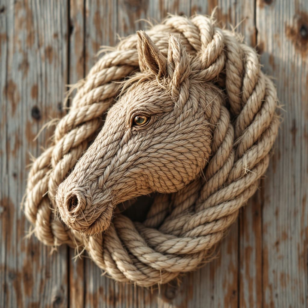 AI generated: A meticulously crafted nautical knot intricately shaped like a horse, made from thick, textured rope...